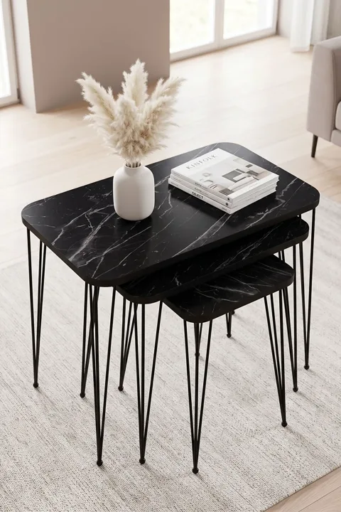 Rechteckiges Satztisch-Set Drahtbeine - Schwarz Marmoroptik