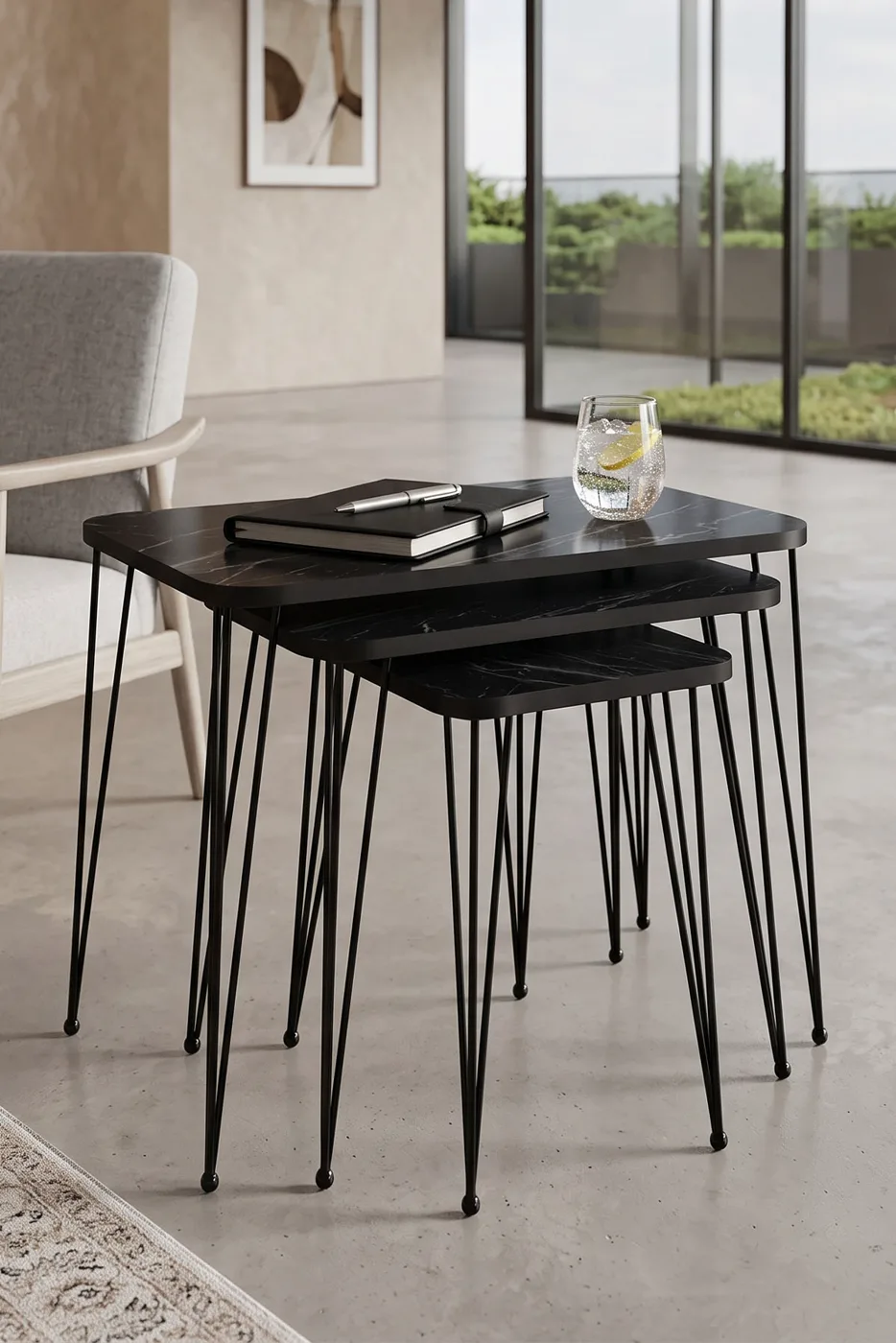 Rectangular Nesting Table Set Wire Legs - Black Marble Effect