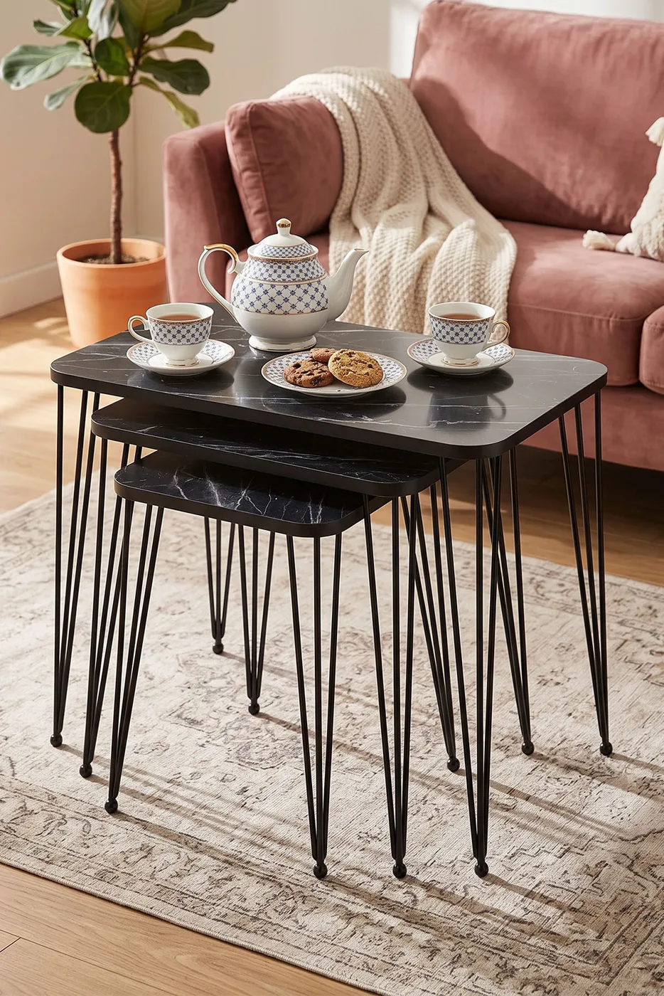 Rectangular Nesting Table Set Wire Legs - Black Marble Effect