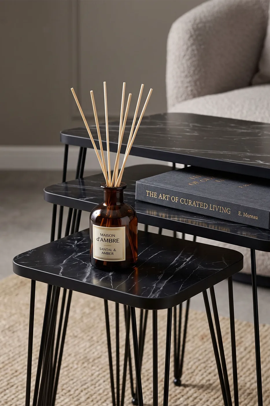 Rectangular Nesting Table Set Wire Legs - Black Marble Effect