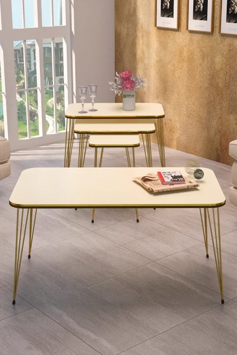 Square 4-Piece Table Set Gold Wire Legs - Cream