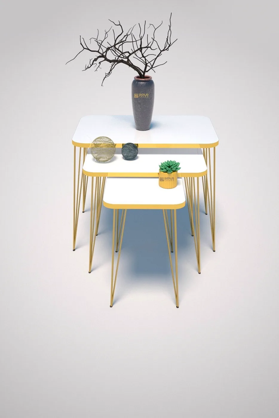 Rectangular Nesting Table Set Gold Wire Legs - White