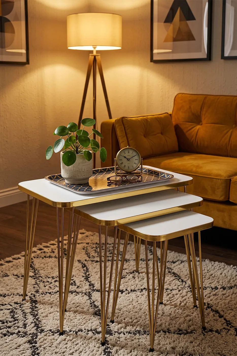 Rectangular Nesting Table Set Gold Wire Legs - White