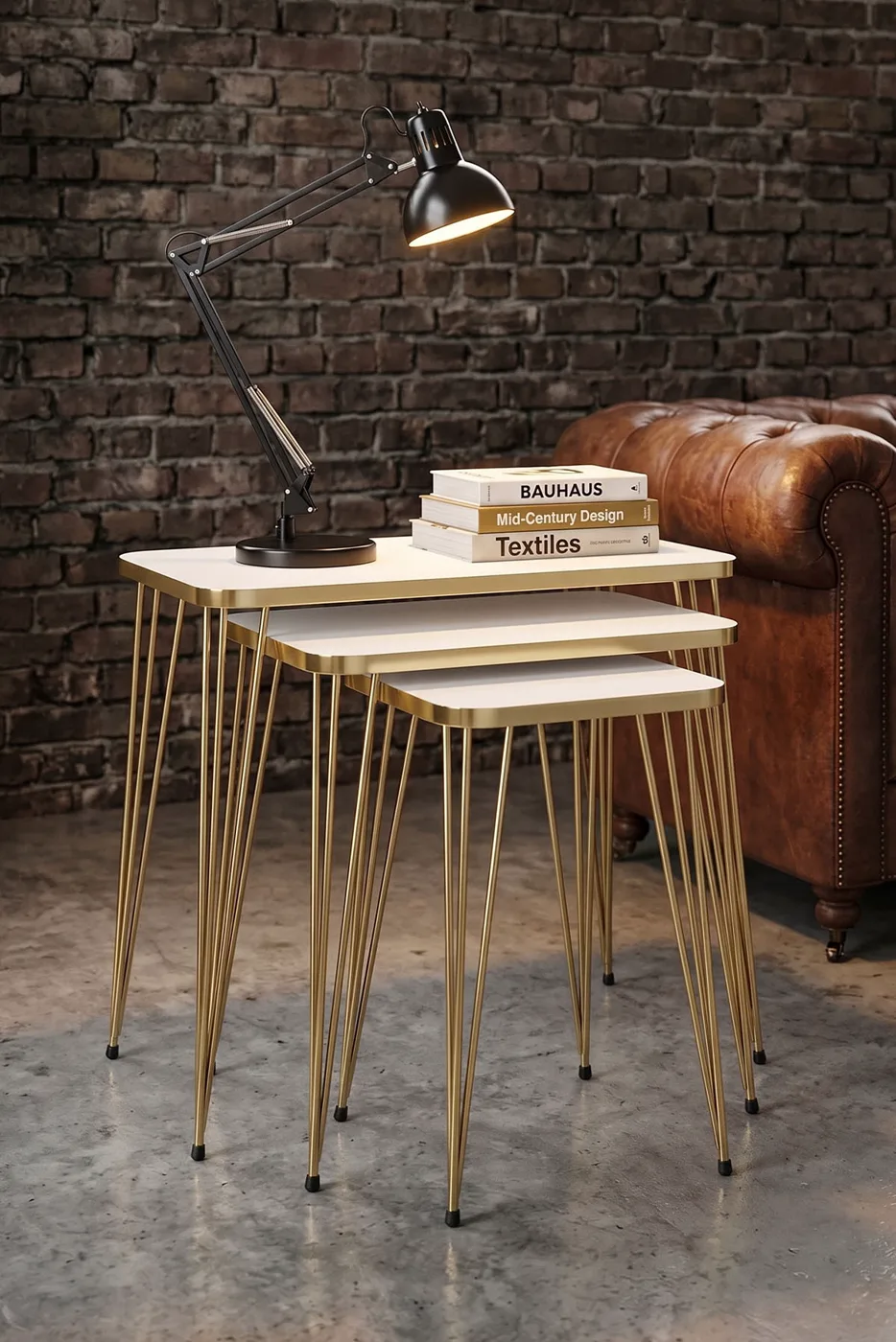 Rectangular Nesting Table Set Gold Wire Legs - White