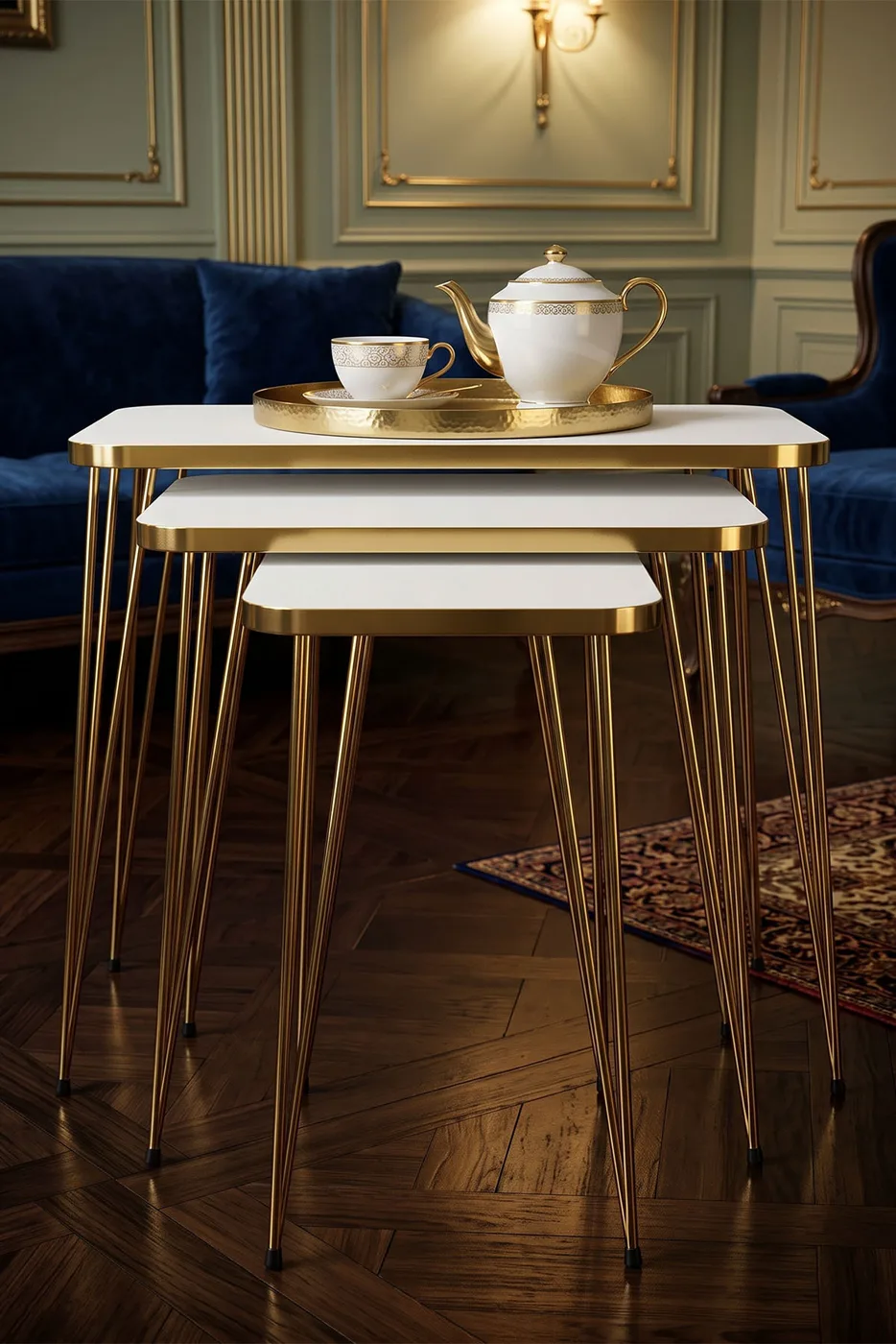 Rectangular Nesting Table Set Gold Wire Legs - White