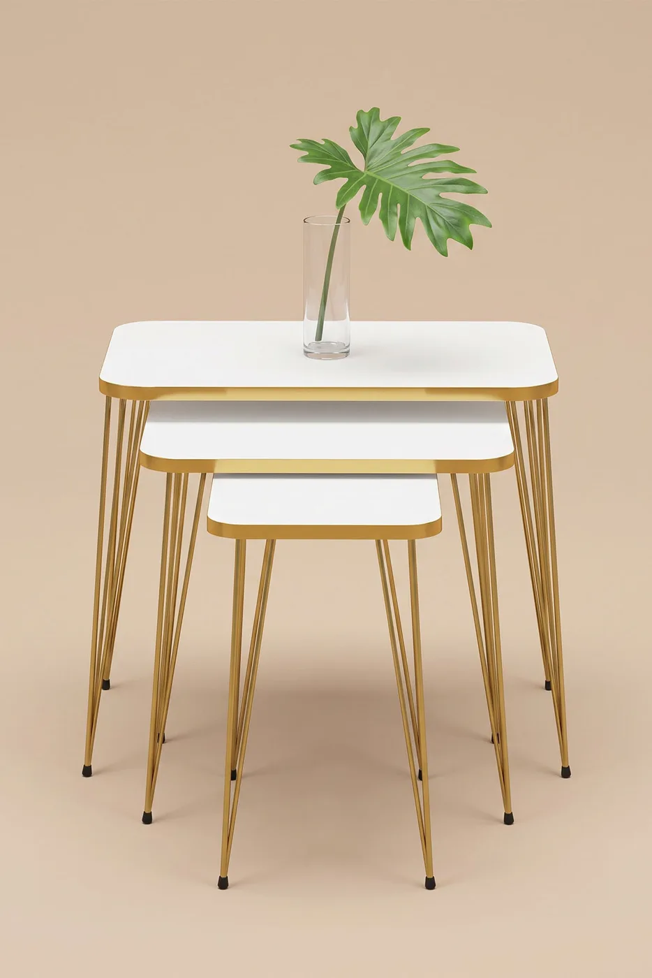 Rectangular Nesting Table Set Gold Wire Legs - White