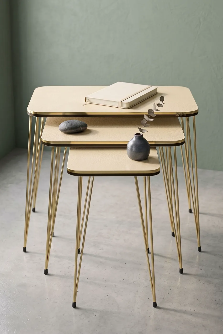 Rectangular Nesting Table Set Gold Wire Legs - Cream