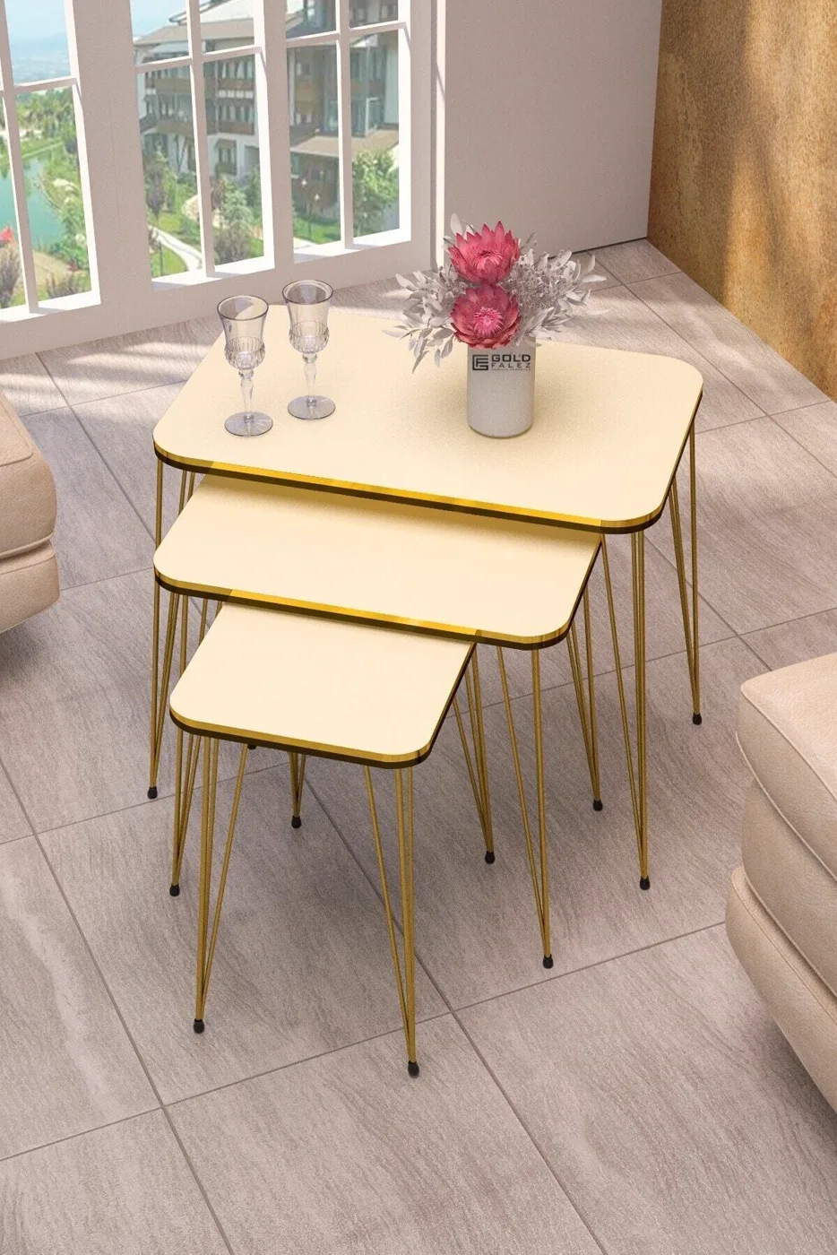 Rectangular Nesting Table Set Gold Wire Legs - Cream