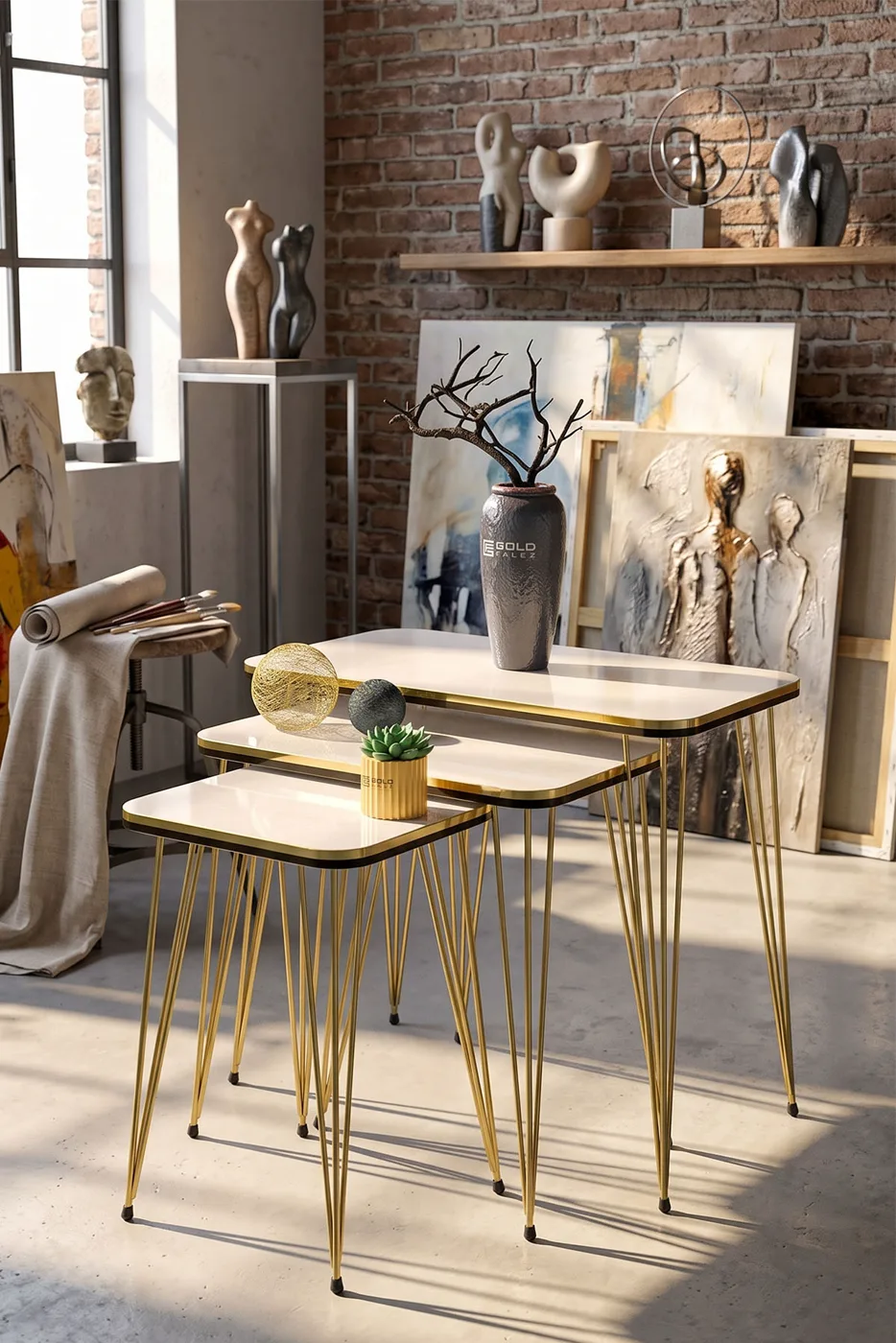 Rectangular Nesting Table Set Gold Wire Legs - Cream