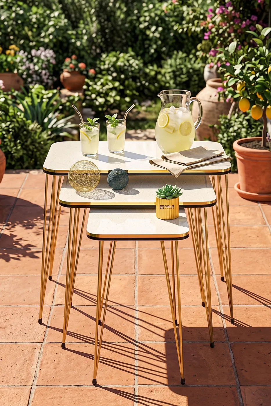 Rectangular Nesting Table Set Gold Wire Legs - Cream
