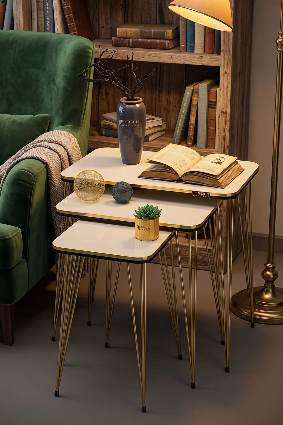 Rectangular Nesting Table Set Gold Wire Legs - Cream