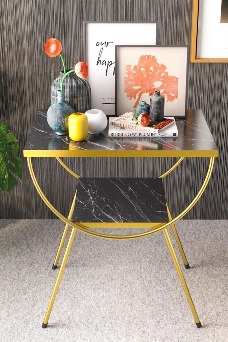 Arc Metal Leg Rectangular Side Table - Black Marble Effect