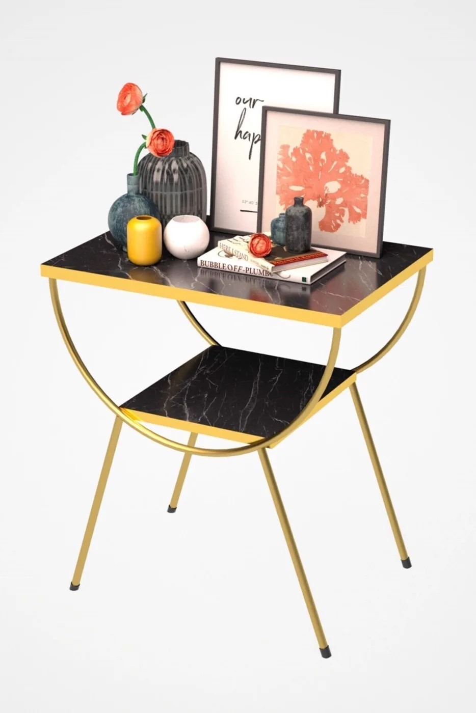 Arc Metal Leg Rectangular Side Table - Black Marble Effect