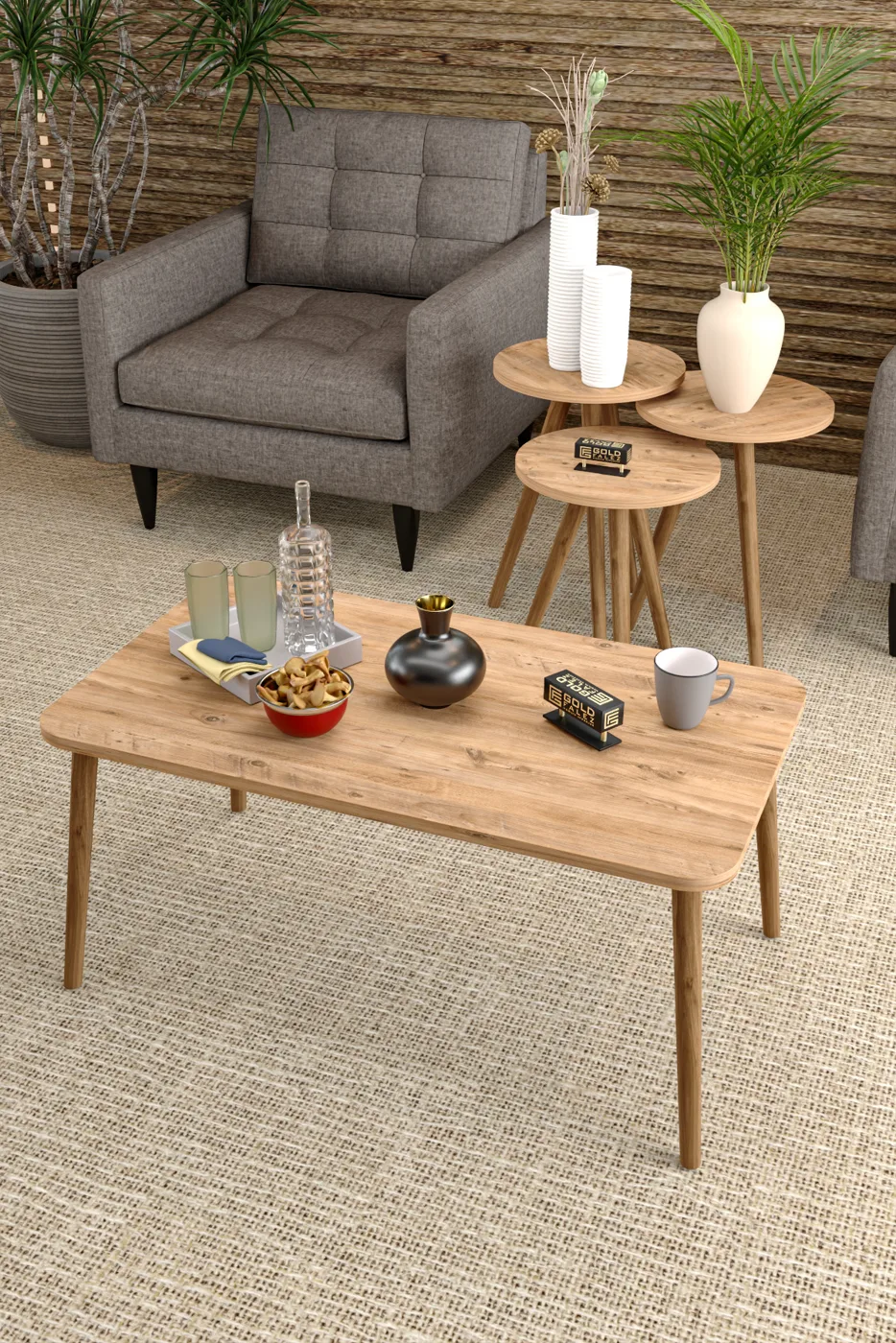 Square Coffee & Nesting Table Set Turned Wooden Legs - Walnut