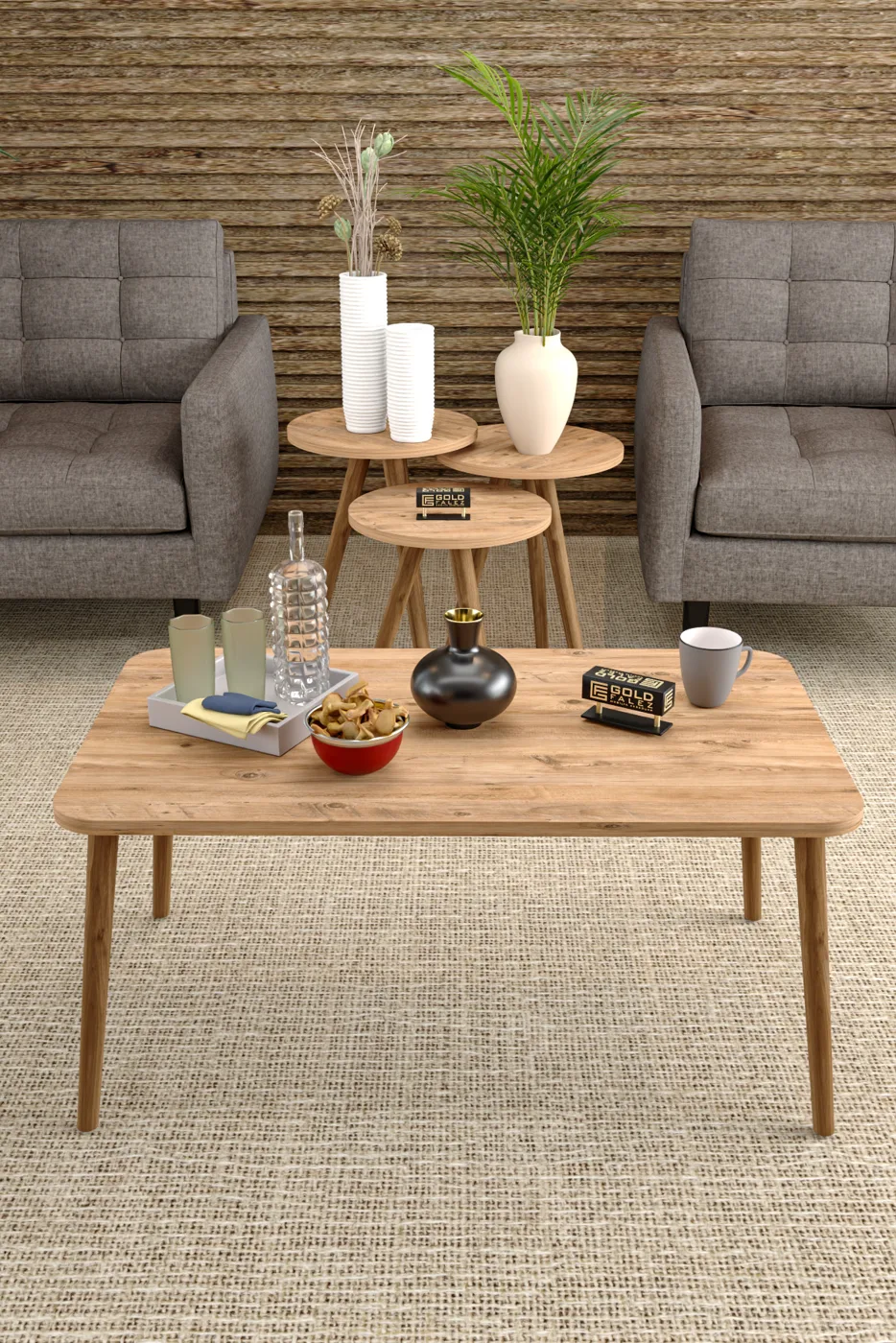 Square Coffee & Nesting Table Set Turned Wooden Legs - Walnut