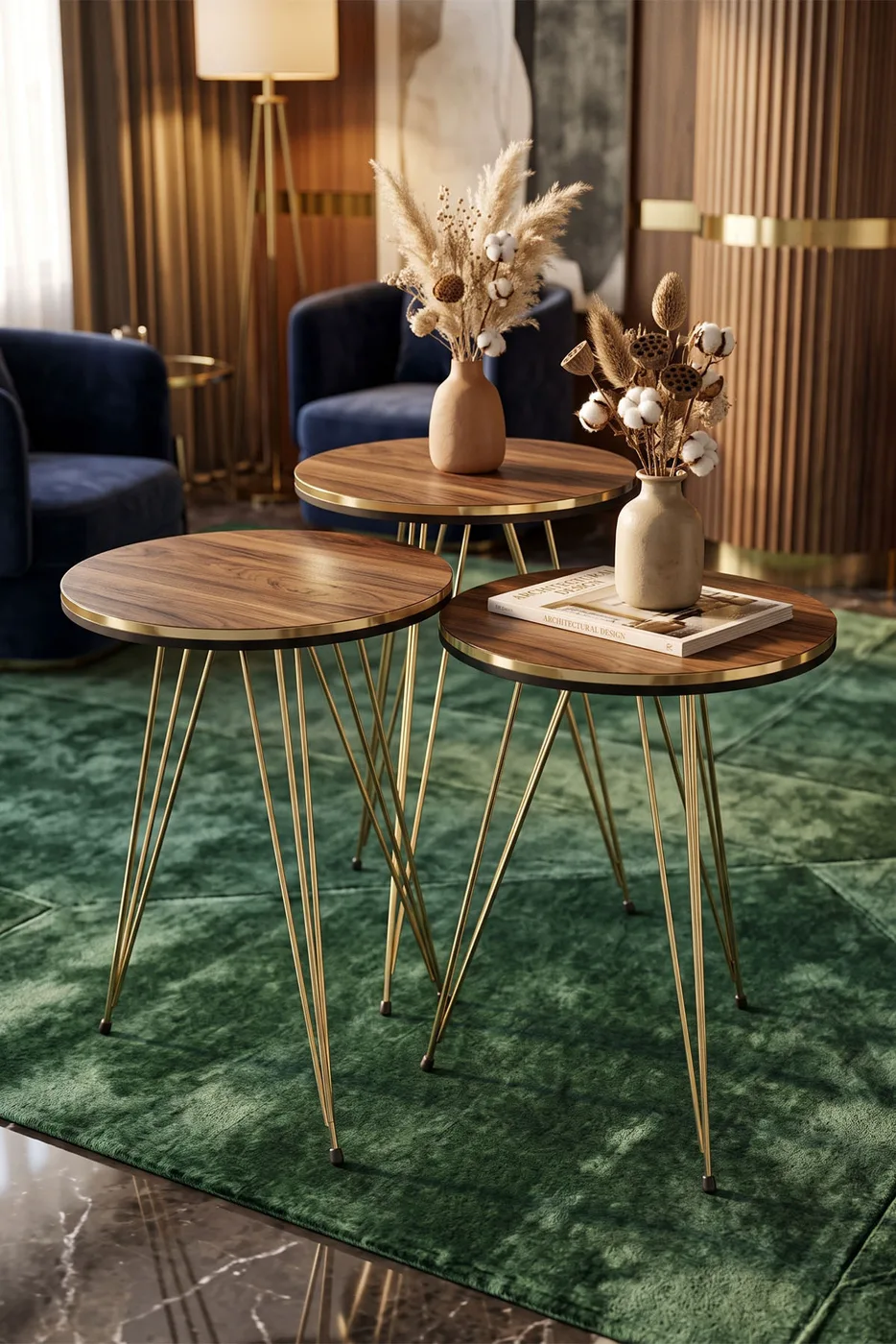 Round Nesting Table Set Gold Wire Legs - Walnut