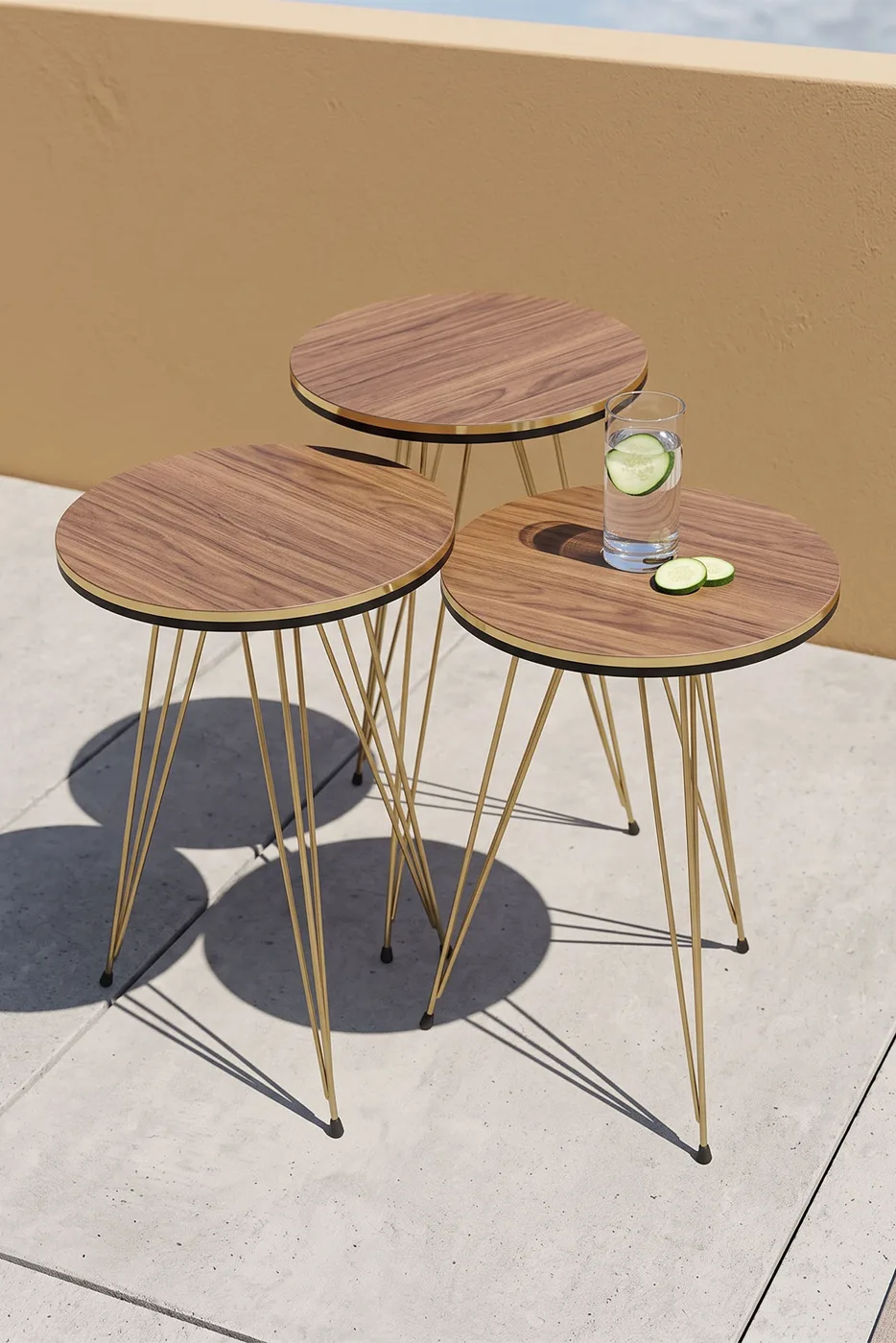 Round Nesting Table Set Gold Wire Legs - Walnut