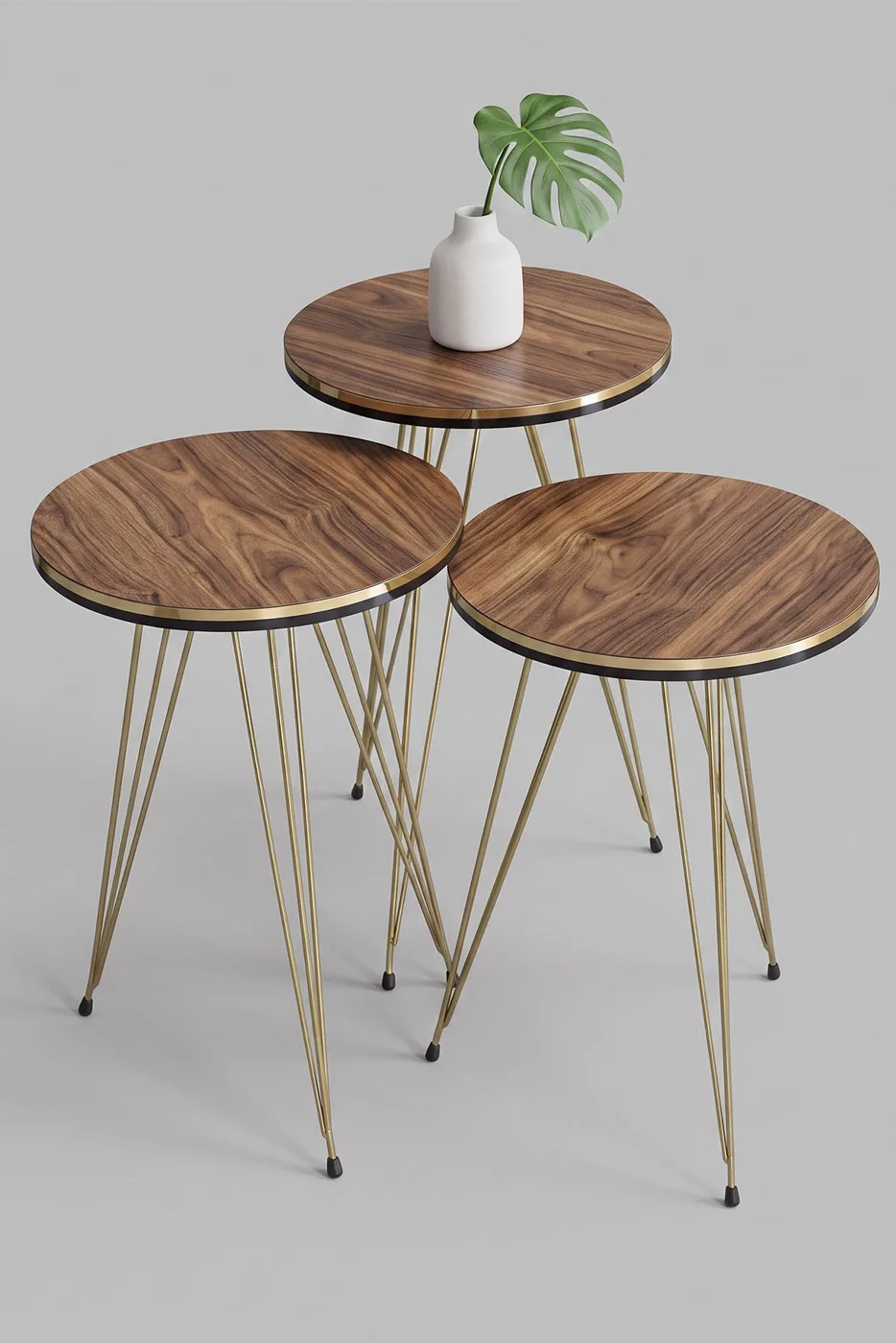 Round Nesting Table Set Gold Wire Legs - Walnut