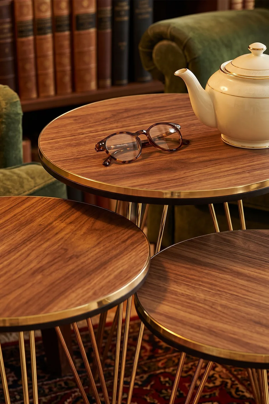 Round Nesting Table Set Gold Wire Legs - Walnut