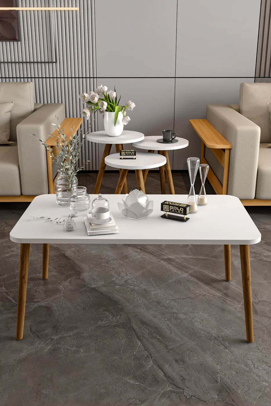 Square Coffee & Nesting Table Set Turned Wooden Legs - White