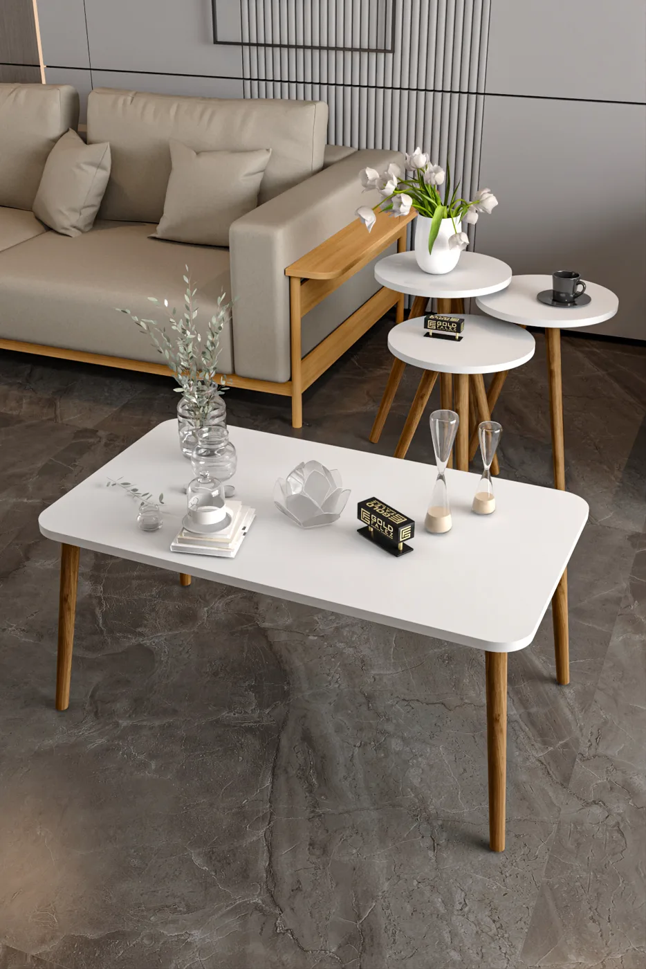 Square Coffee & Nesting Table Set Turned Wooden Legs - White