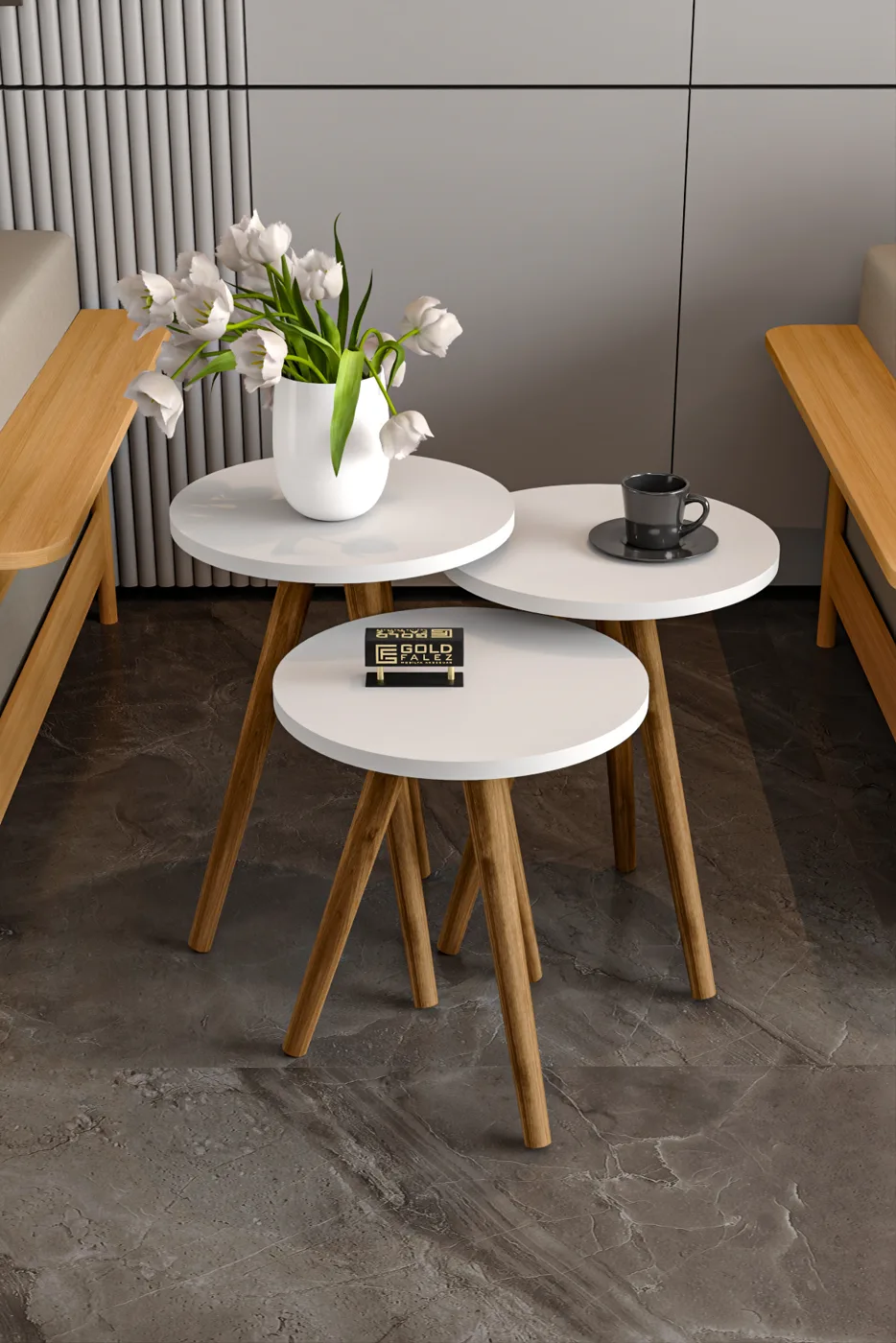 Square Coffee & Nesting Table Set Turned Wooden Legs - White