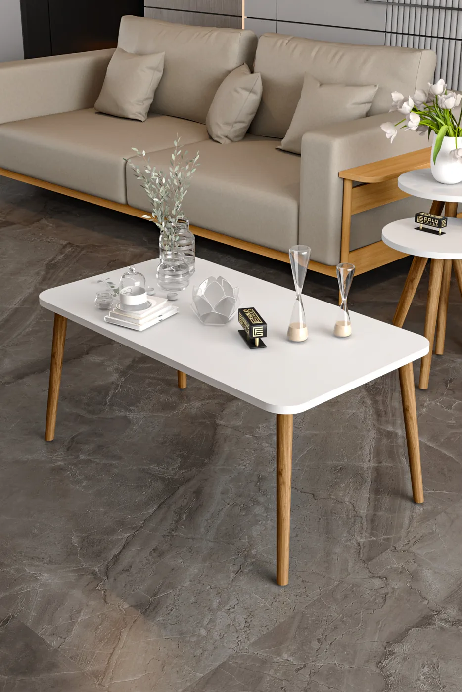 Square Coffee & Nesting Table Set Turned Wooden Legs - White