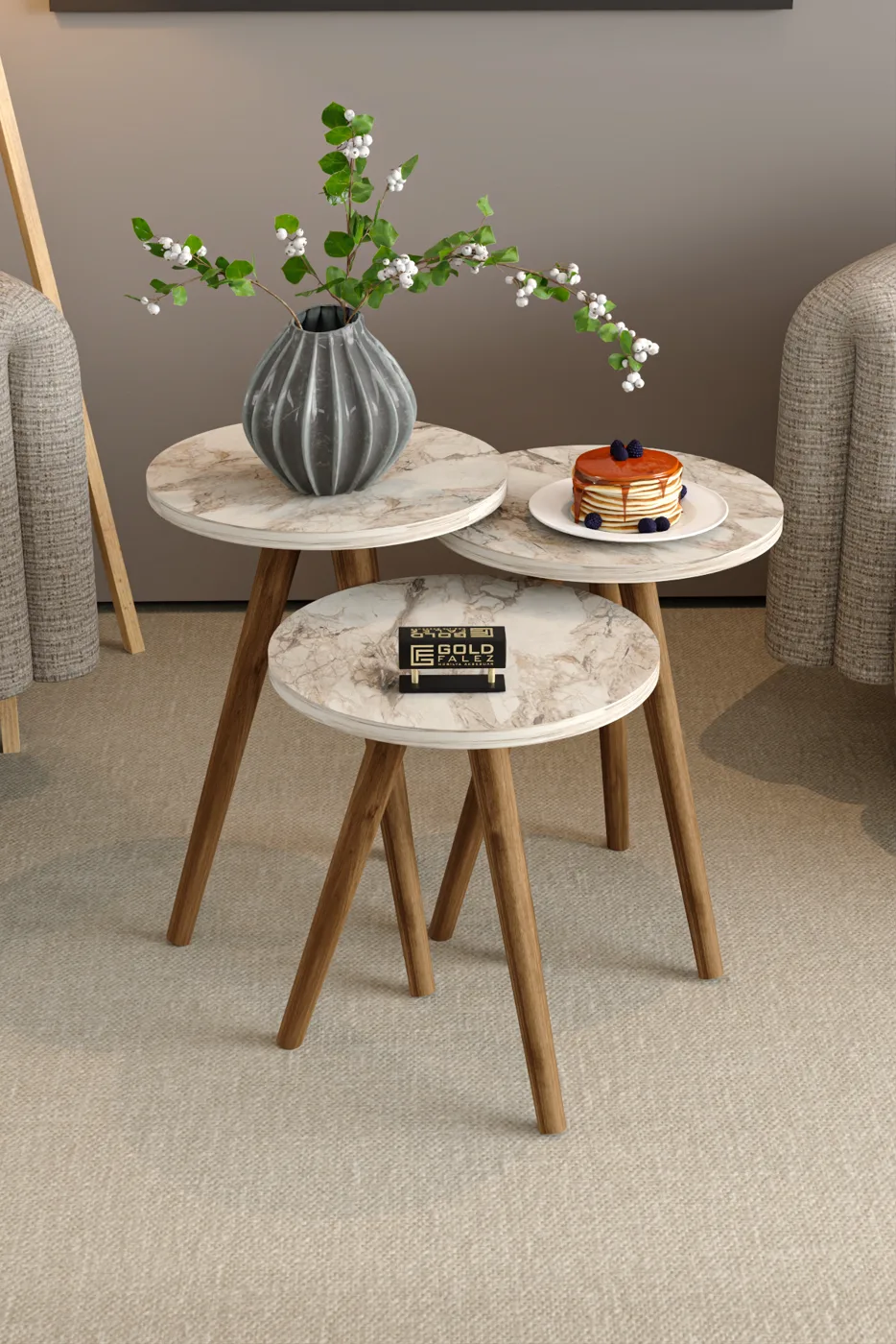 Square Coffee & Nesting Table Set Turned Wooden Legs - White Marble Effect