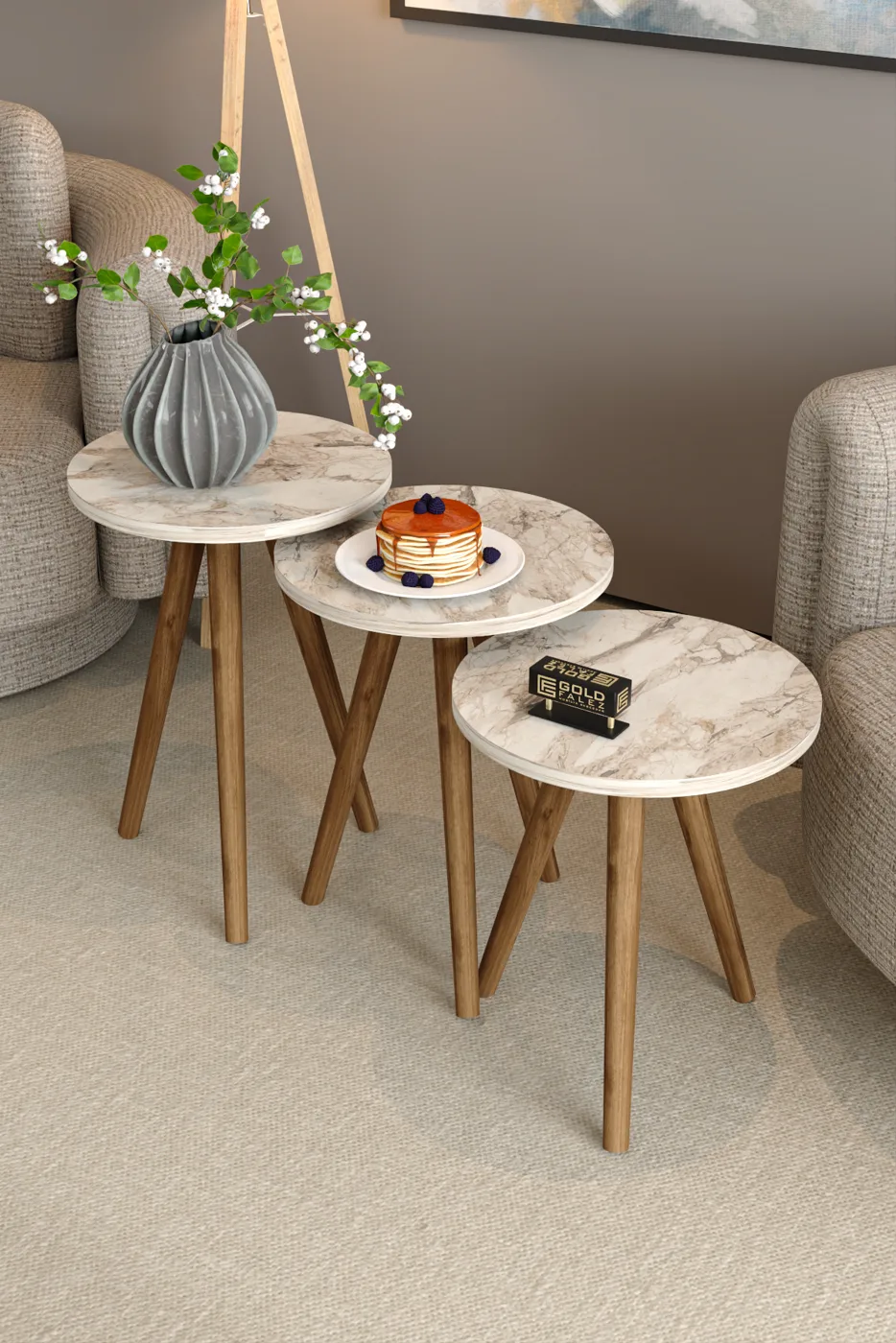 Square Coffee & Nesting Table Set Turned Wooden Legs - White Marble Effect