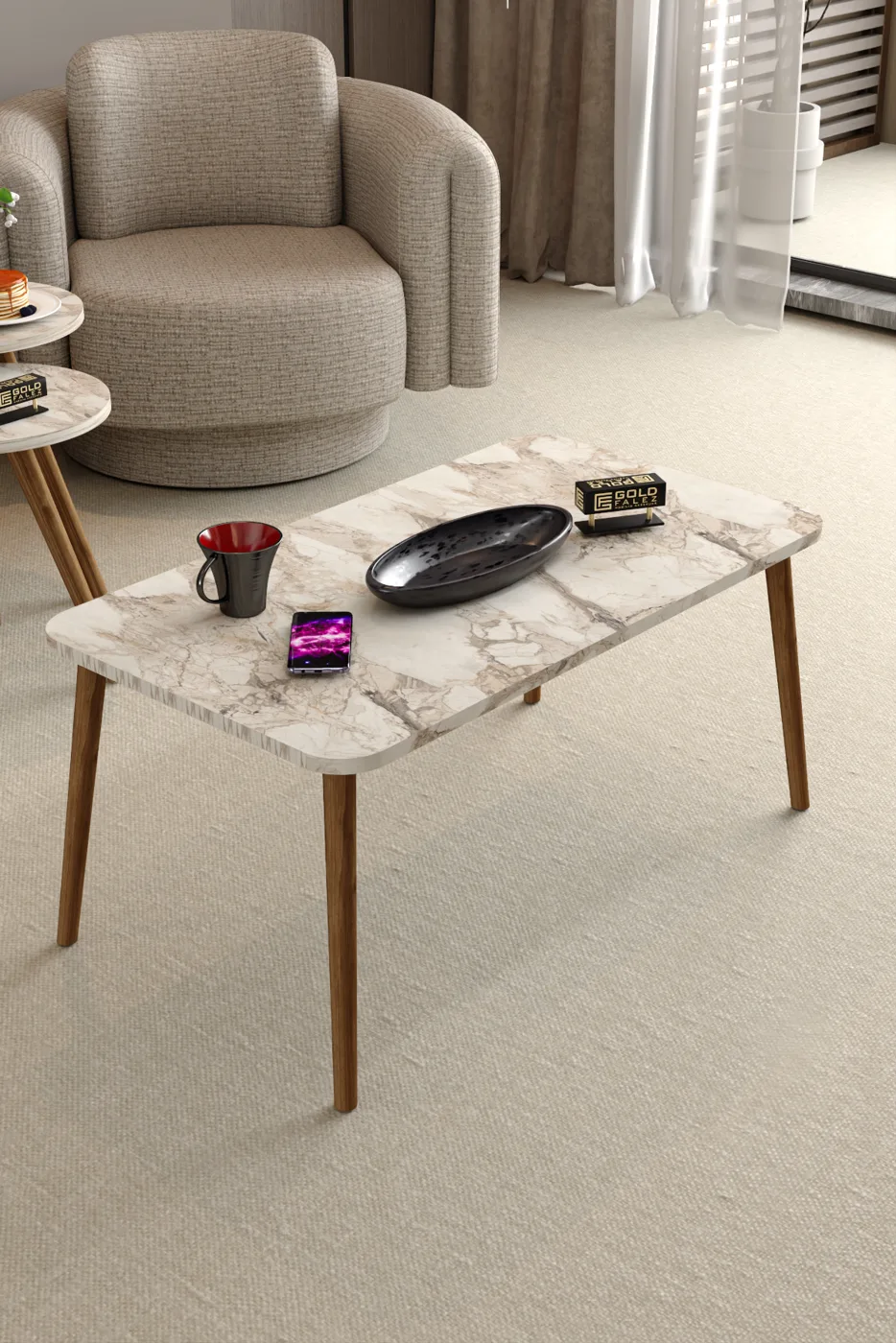 Square Coffee & Nesting Table Set Turned Wooden Legs - White Marble Effect
