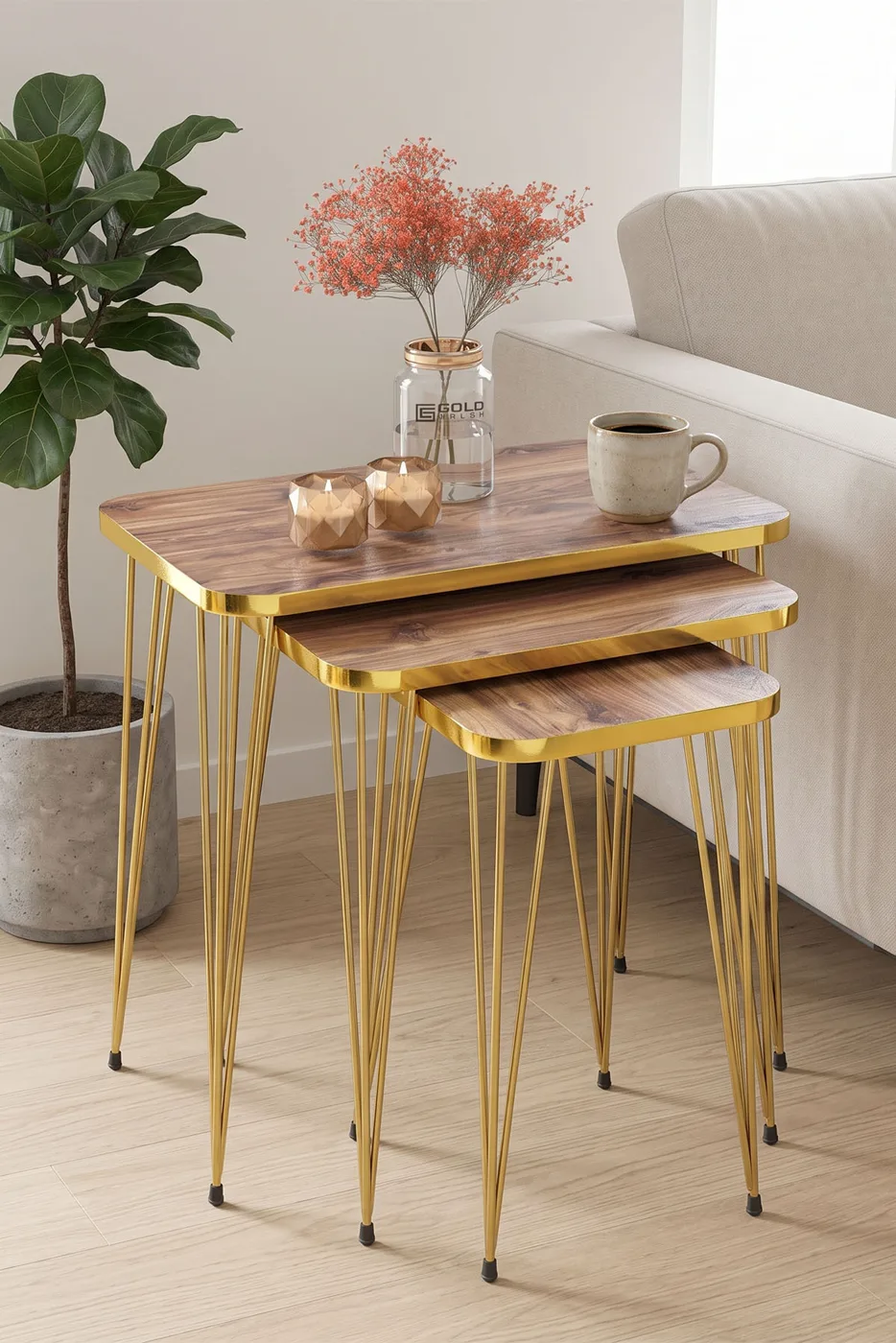 Rectangular Nesting Table Set Gold Wire Legs - Walnut
