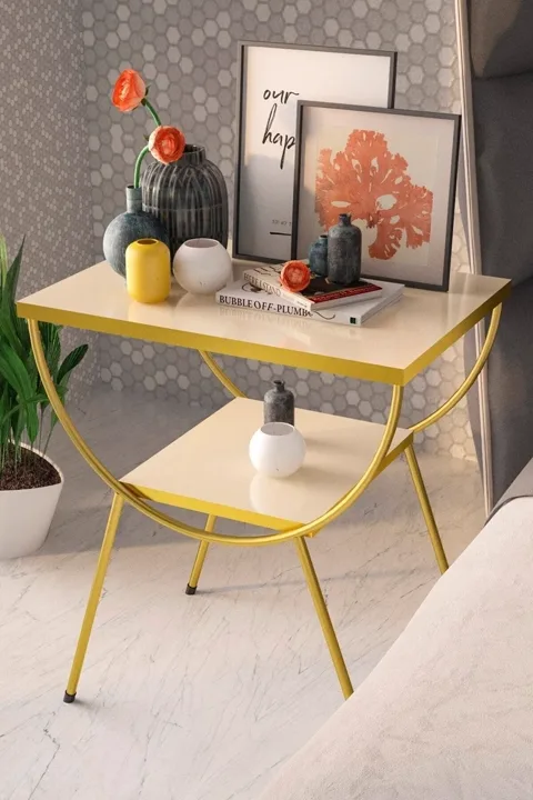 Arc Metal Leg Rectangular Side Table - Cream