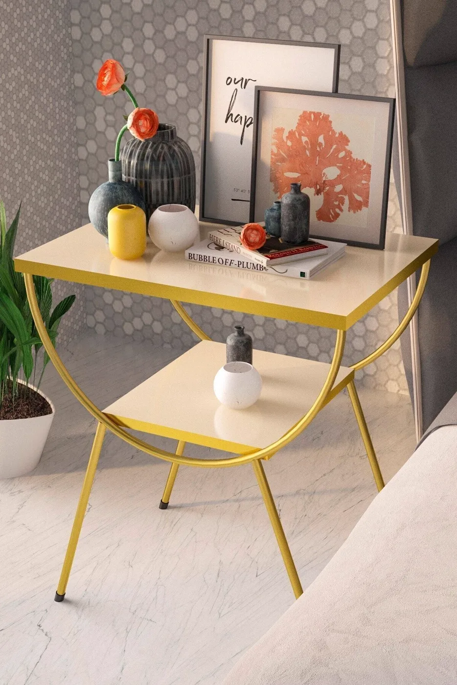 Arc Metal Leg Rectangular Side Table - Cream