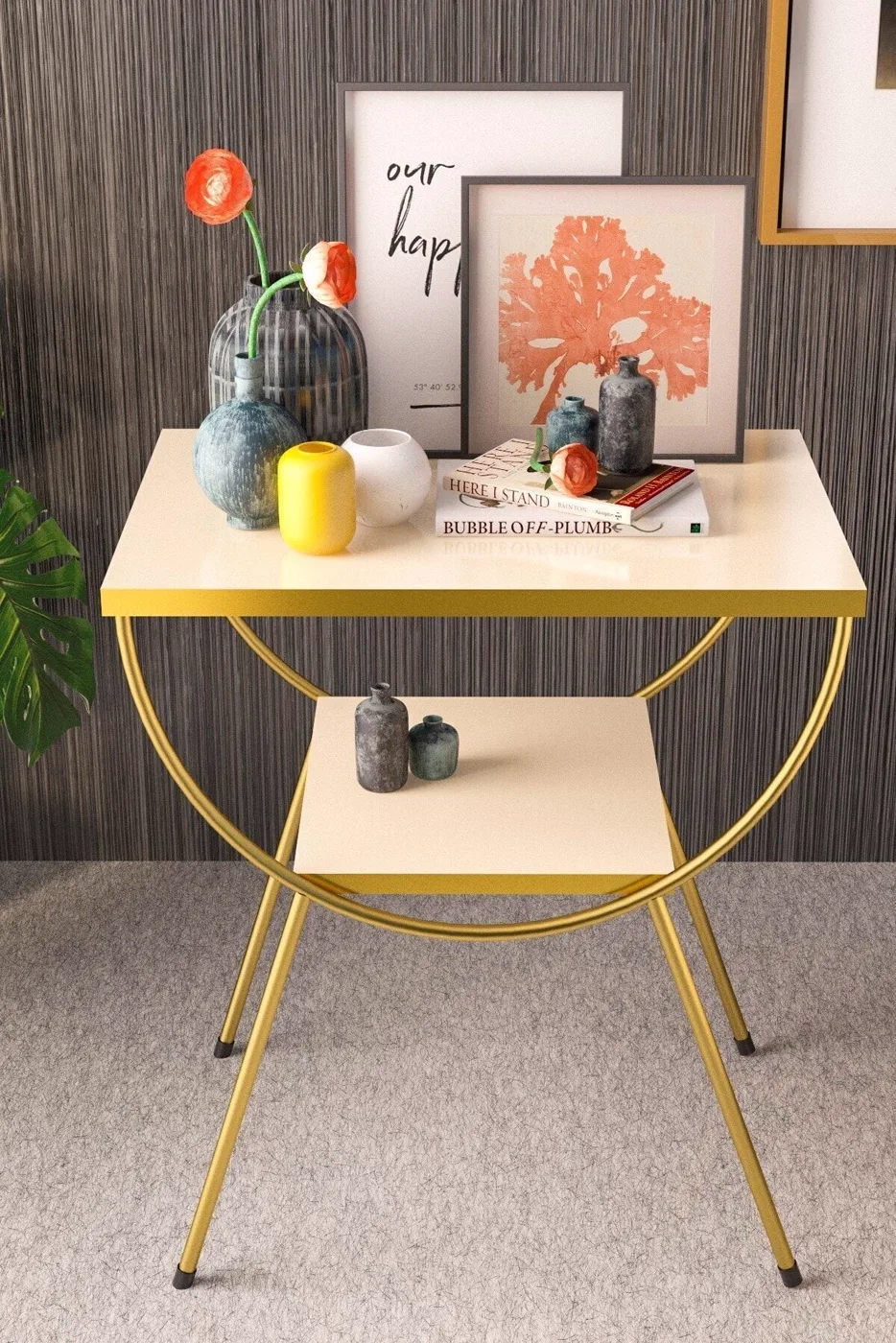 Arc Metal Leg Rectangular Side Table - Cream