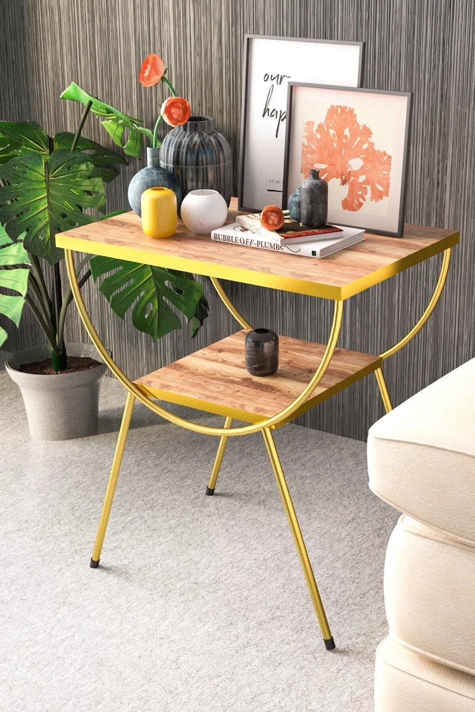 Arc Metal Leg Rectangular Side Table - Walnut