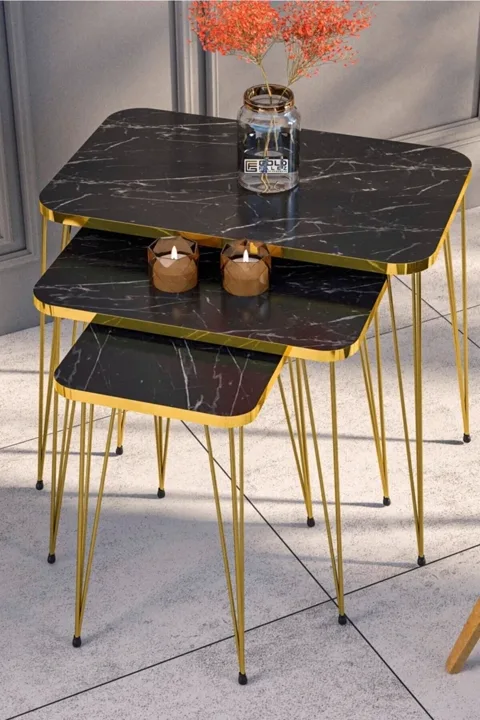 Rechteckiges Satztisch-Set Gold Drahtbeine - Schwarz Marmoroptik