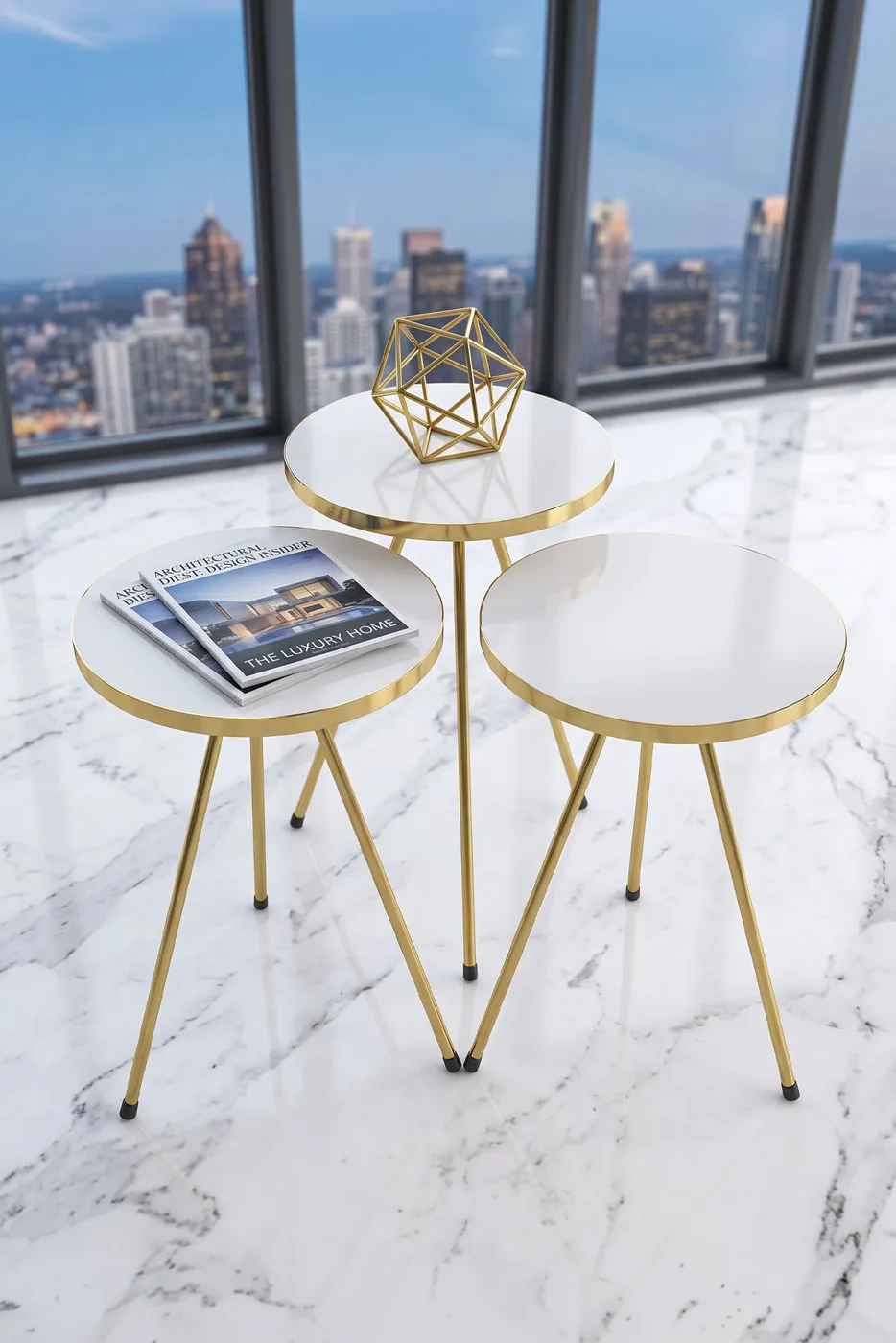 Round Nesting Table Set Gold Metal Legs - White