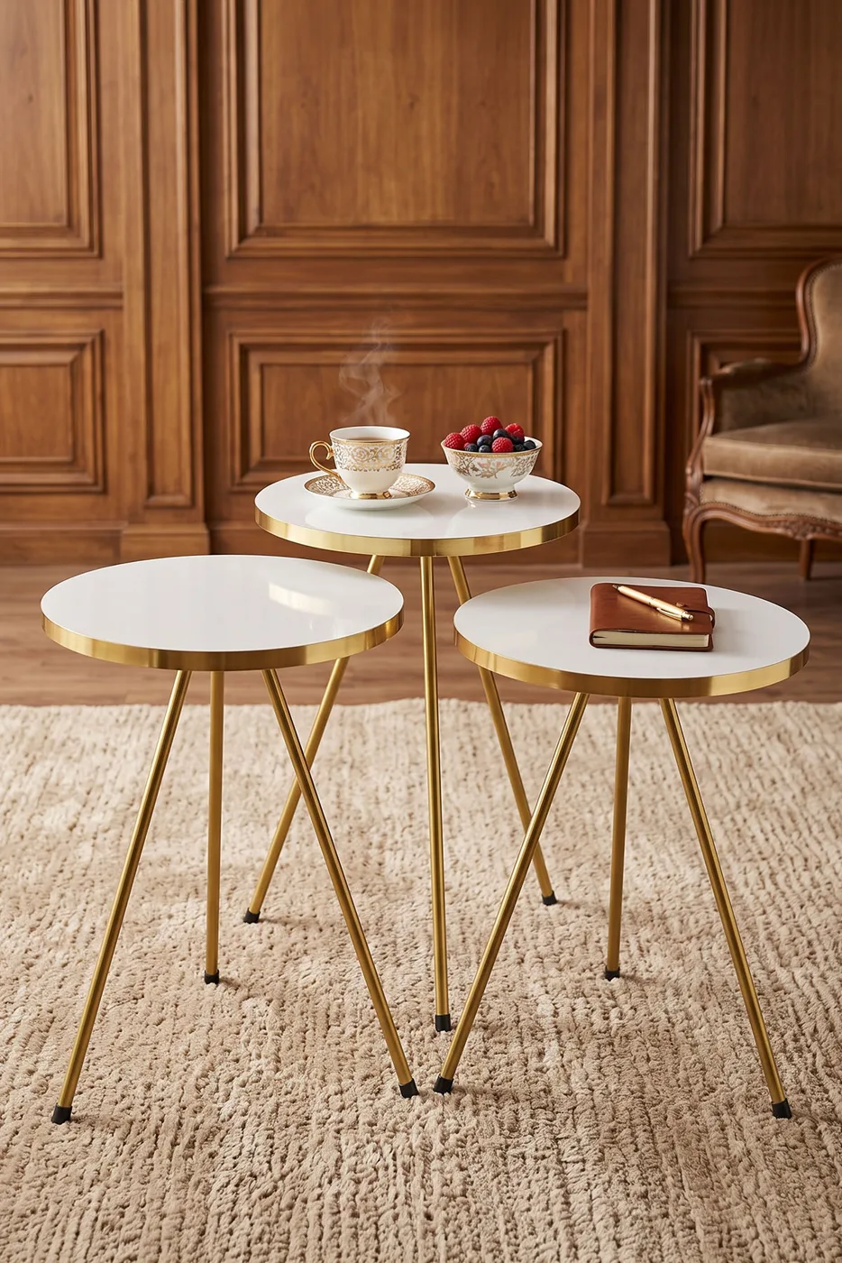 Round Nesting Table Set Gold Metal Legs - White