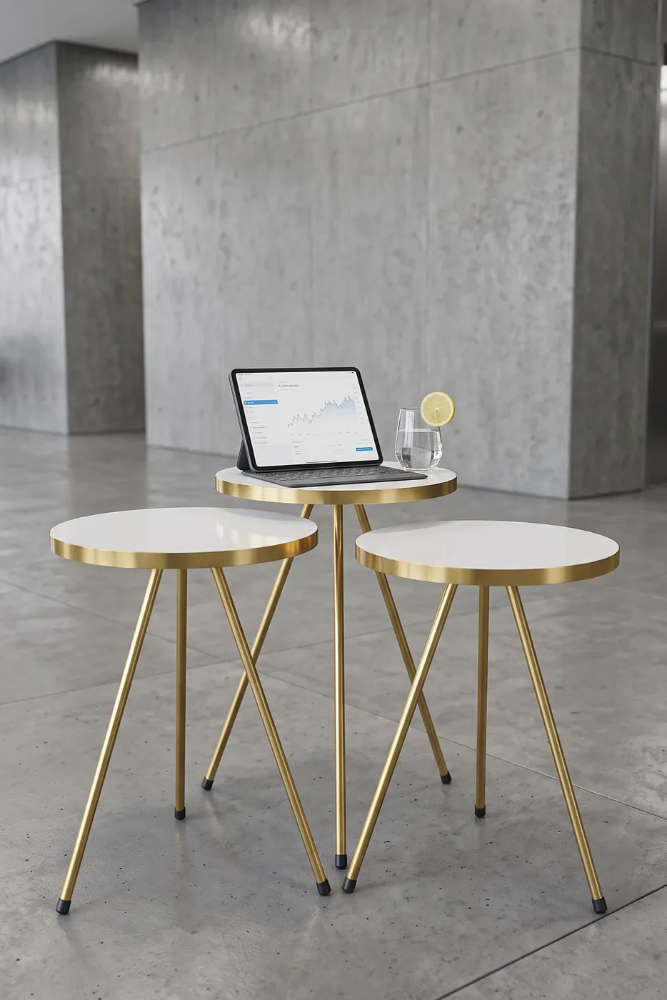Round Nesting Table Set Gold Metal Legs - White
