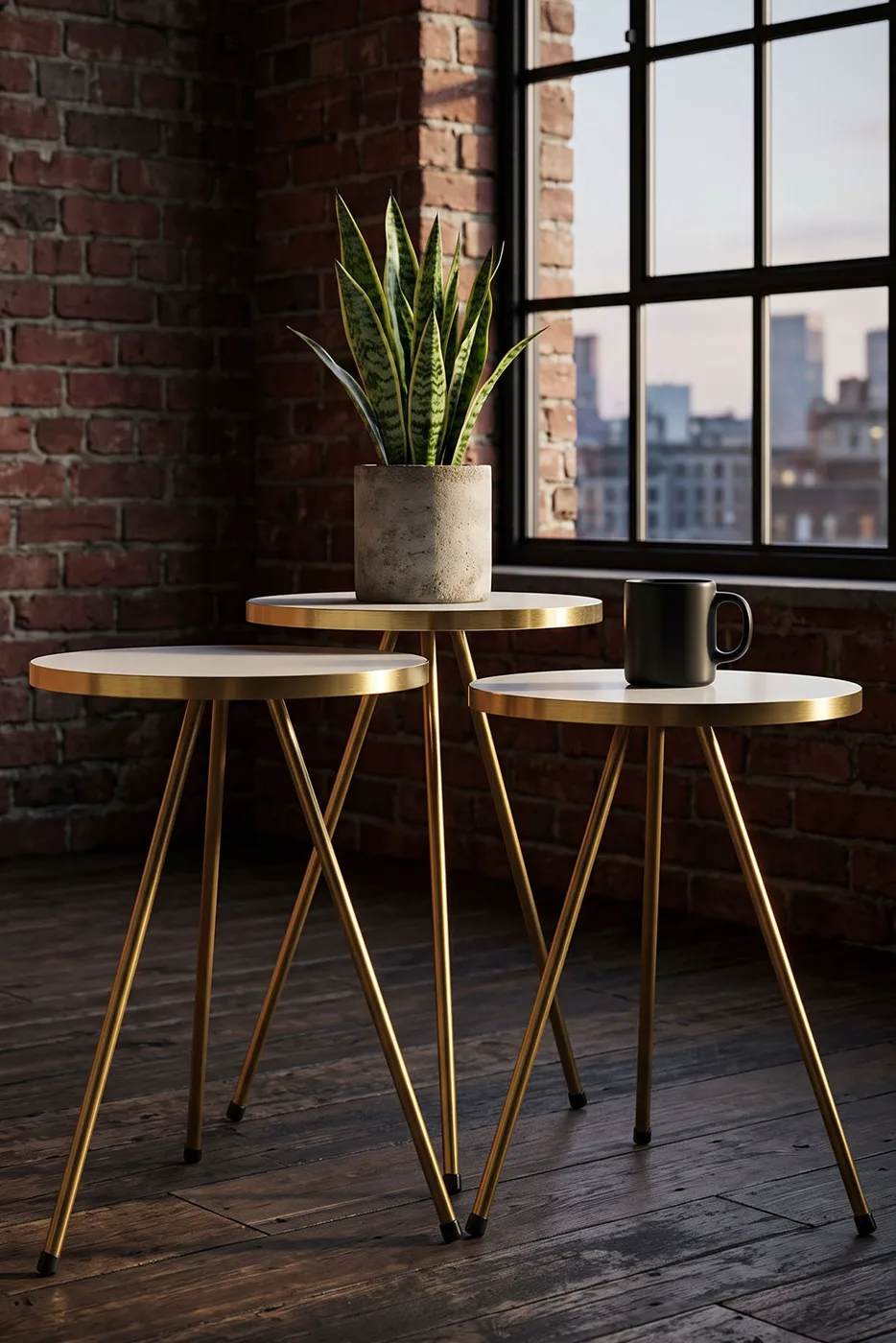 Round Nesting Table Set Gold Metal Legs - White