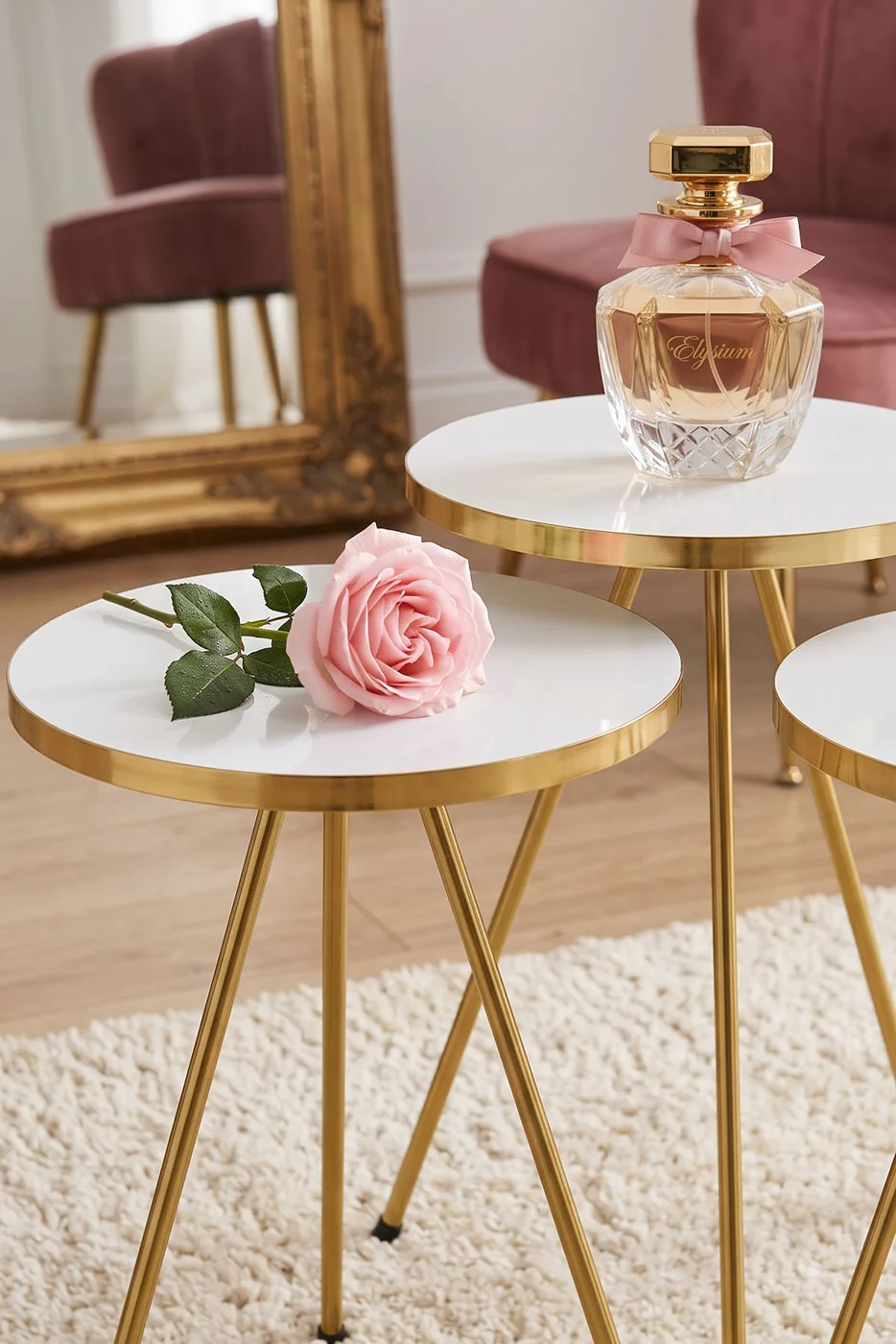 Round Nesting Table Set Gold Metal Legs - White