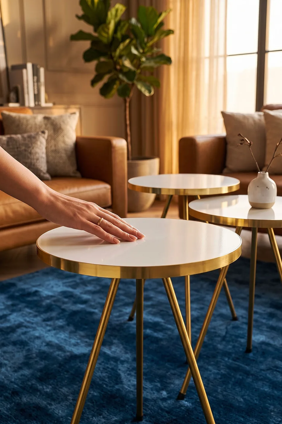 Round Nesting Table Set Gold Metal Legs - White