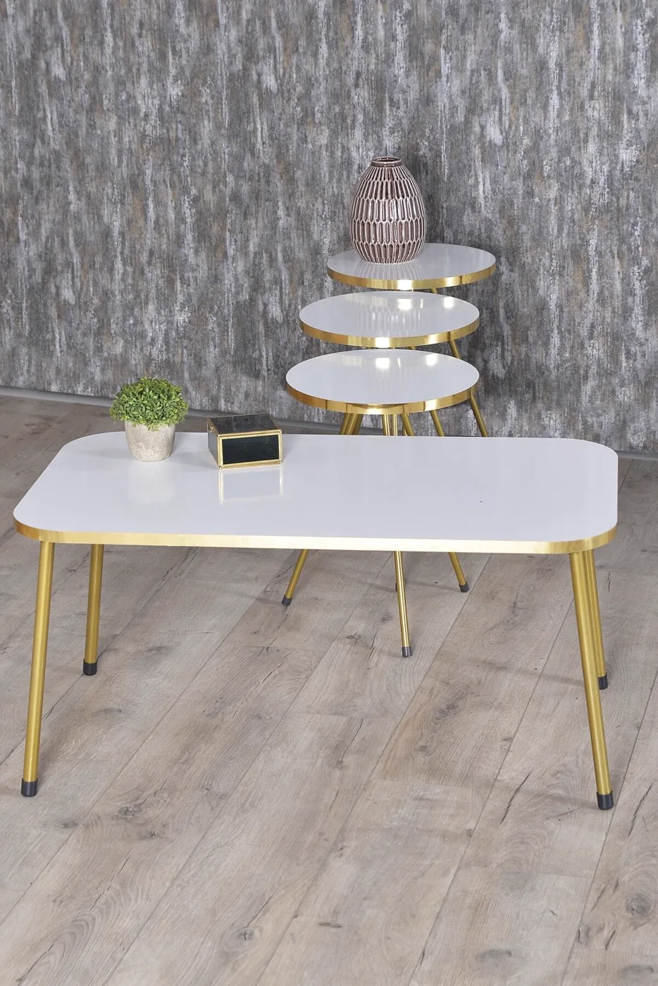 Rectangular Coffee & Nesting Table Set Gold Metal Legs - White