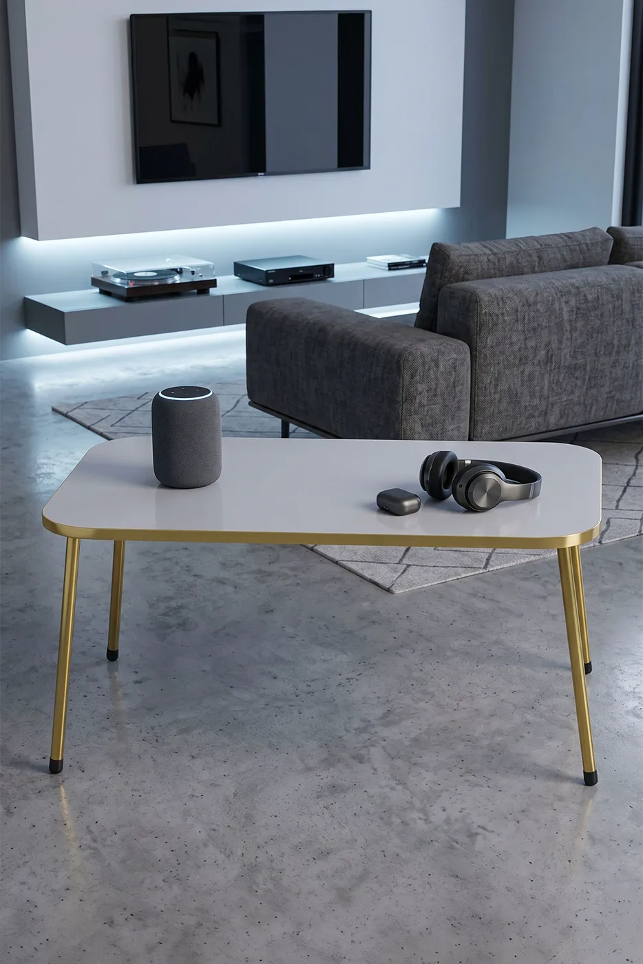 Rectangular Coffee & Nesting Table Set Gold Metal Legs - White