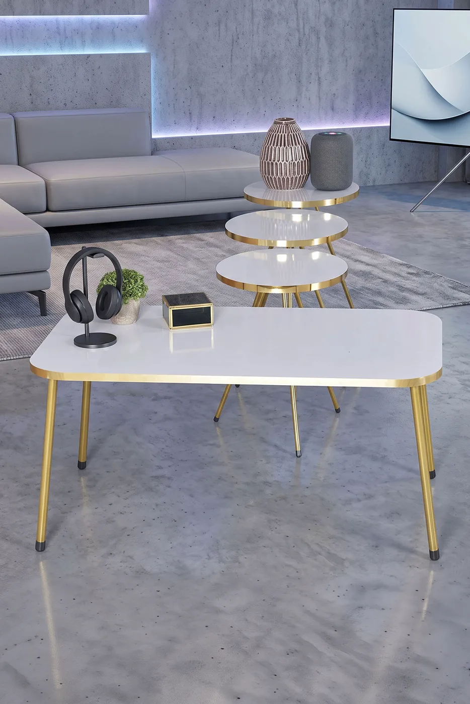 Rectangular Coffee & Nesting Table Set Gold Metal Legs - White