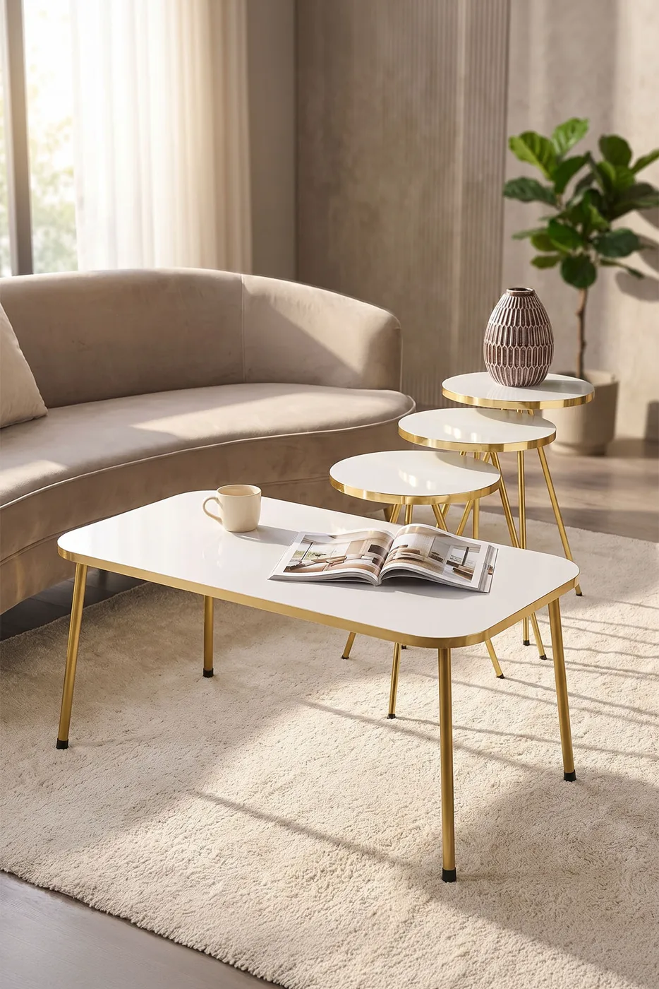 Rectangular Coffee & Nesting Table Set Gold Metal Legs - White