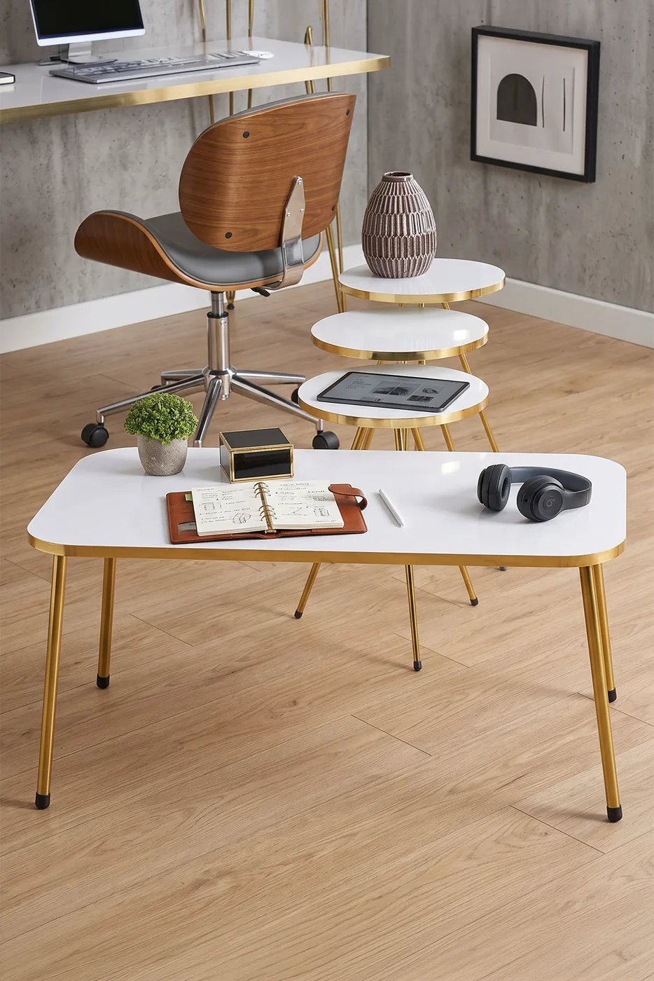 Rectangular Coffee & Nesting Table Set Gold Metal Legs - White