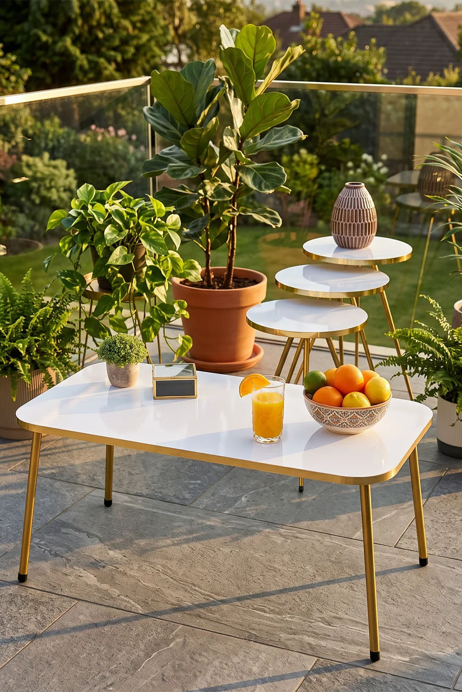 Rectangular Coffee & Nesting Table Set Gold Metal Legs - White