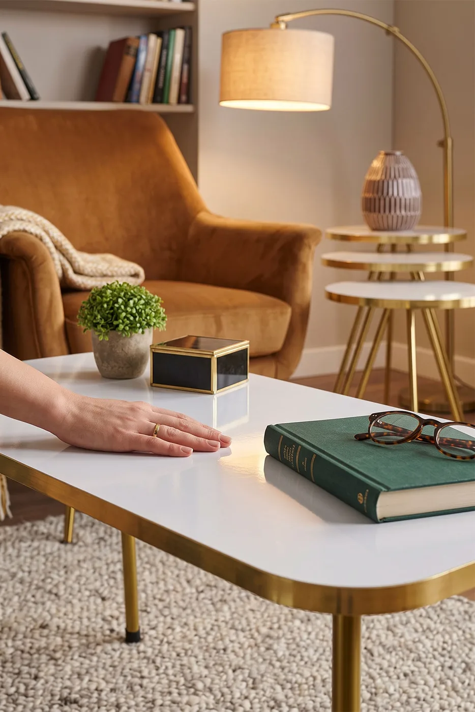 Rectangular Coffee & Nesting Table Set Gold Metal Legs - White