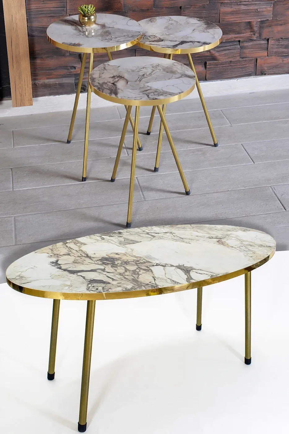 Oval Coffee & Nesting Table Set Gold Metal Legs - White Marble Effect Gold